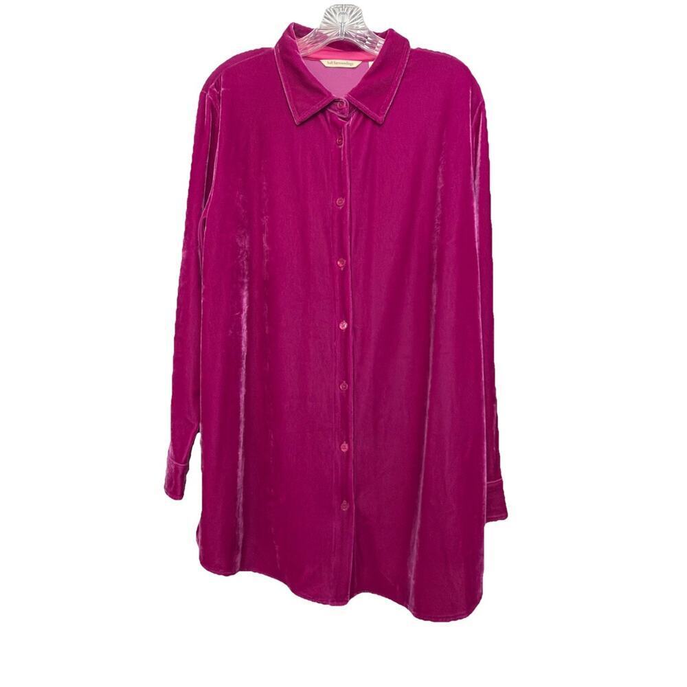 Soft Surroundings Crushed Velvet Velour Pink Button Up Top Shirt Womens XL